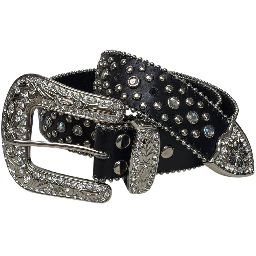 Leather Rhinestone Studded Western Belt Crystal Buckle Y2K Size S Festival Rodeo